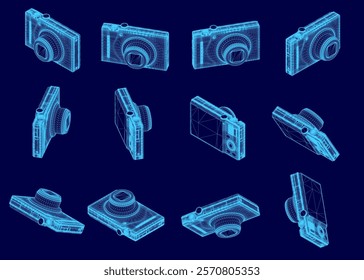 Series of blue images of a camera. The camera is shown from different angles and in different positions. The images are all in blue