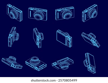 Series of blue images of a camera. The camera is shown in various positions and angles, with the top of the camera being the most prominent. The images are all in blue