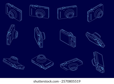 Series of blue images of a camera. The camera is shown from different angles and in different positions. The images are all in blue