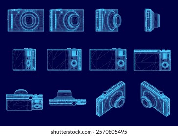 Series of blue images of cameras, each one showing a different angle of the camera. The images are all stylized and pixelated, giving them a futuristic or sci-fi feel