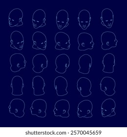 Series of blue images of faces. The faces are all different angles