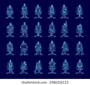 A series of blue images of people sitting in chairs. The chairs are all same sizes and styles. The images are arranged in a grid, with each row and column containing a different person. Front view