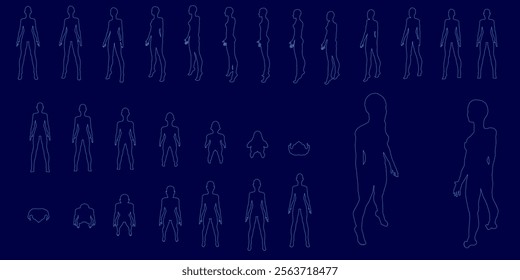 Series of blue images of people in various poses. The images are pixelated and appear to be from a video game or animation. The mood of the images is somewhat abstract and surreal