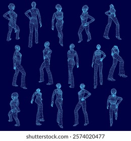 Series of blue images of people in various poses. Scene is lighthearted and playful, as the people are depicted in a cartoonish manner