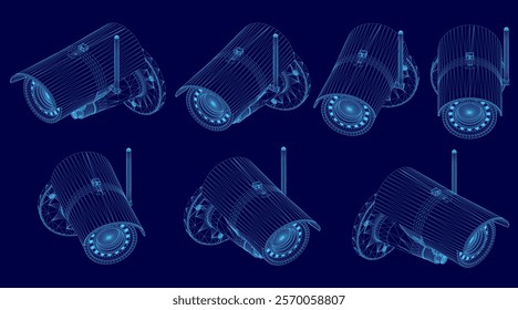 Series of blue images of a security camera. The images are all different sizes and angles, but they all have the same basic shape and design. The mood of the images is somewhat abstract and surreal