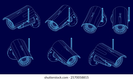 Series of blue images of a security camera. The images are all different sizes and angles, but they all have the same basic shape and design. The mood of the images is somewhat abstract and surreal