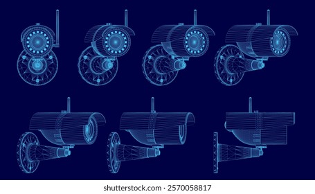 Series of blue images of security cameras. The images are all different sizes and angles, but they all have the same basic design. The mood of the images is somewhat abstract and surreal