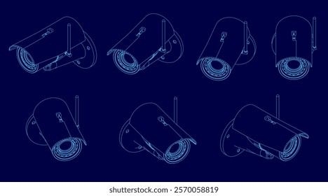 Series of blue images of security cameras. The images are all different sizes and angles, but they all have the same basic design. The mood of the images is somewhat abstract and surreal