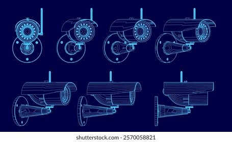 Series of blue images of security cameras. The images are all different sizes and angles, but they all have the same basic design. The mood of the images is somewhat abstract and surreal