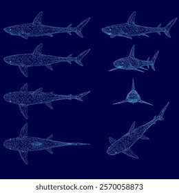 Series of blue images of sharks. The images are all different sizes and orientations, but they all have the same basic shape and design. The overall mood of the images is calm and serene