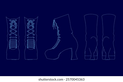 Series of blue images of shoes. The shoes are stylized and appear to be from a futuristic era