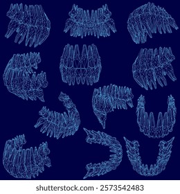 Series of blue images of teeth. The images are all different sizes and shapes, but they all have a similar color scheme and design