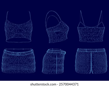 Series of blue images of a woman's clothing, each one showing a different part of the clothing. The images are all in blue, and the overall mood of the images is somewhat abstract and surreal