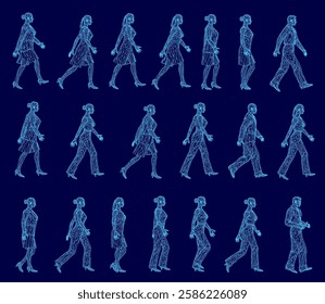 A series of blue images of women and men walking. The images are in a grid and are all the same size. The women are all different heights and are walking in different directions. Side view