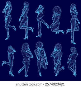 Series of blue images of women in various poses. The mood of the images is playful and lighthearted, with the women appearing to be having fun and enjoying themselves