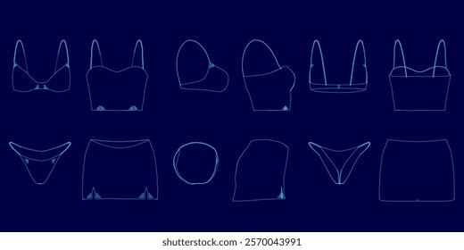 Series of blue images of women's clothing, including bras, panties, and swimsuits. The images are stylized and abstract, with a blue and white color scheme. The mood of the images is playful