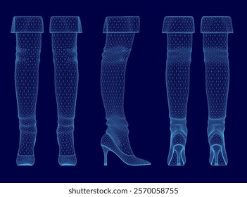 Series of blue images of women's legs and feet. The images are stylized and pixelated, giving them a futuristic or sci-fi feel. The overall mood of the images is playful and whimsical