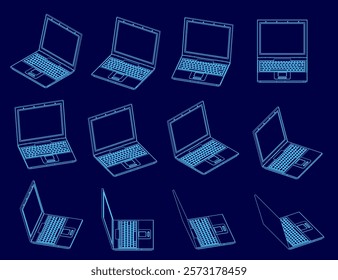 Series of blue laptop images are shown in various positions, with the screens open to reveal the keyboard and trackpad. The images convey a sense of technology and modernity