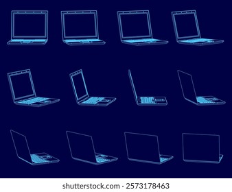 Series of blue laptop images are shown in a row. The laptops are all open and have a similar design. The images are in black and white and are stylized to look like they are in a computer program