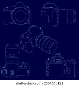 Series of blue line drawings of a camera, with the top left drawing showing the lens and the bottom right drawing showing the shutter