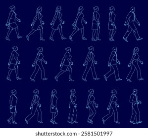 A series of blue outline of women and men walking. Side view