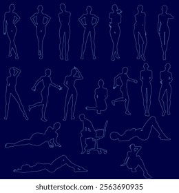 Series of blue outline of women in various poses. Scene is one of elegance and grace, as the women are depicted in various poses that convey a sense of movement and fluidity