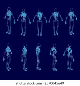 Series of blue skeletons are shown in various poses. Concept of movement and life, as if the skeletons are coming to life. The blue color of the skeletons adds a sense of depth