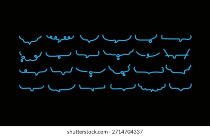 Una serie de patrones de forma de onda azul dispuestos en una cuadrícula sobre un fondo negro, mostrando diferentes Formas y tamaños de onda