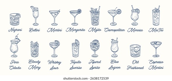 A series of blue and white drawings of various cocktails. The drawings are stylized and the text is written in cursive