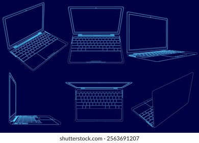 Series of blue and white images of a laptop. The images are all different angles of the laptop, but they all have the same blue color scheme. The mood of the images is modern and sleek