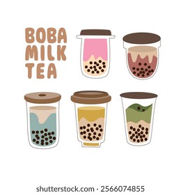 Series of boba milk tea. Set of bubble fresh milk. Bubble boba. Cold drinks. Fresh drinks.