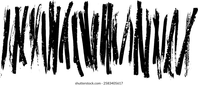 A series of bold, abstract black brush strokes arranged in a horizontal line, creating a dynamic and textured visual effect.