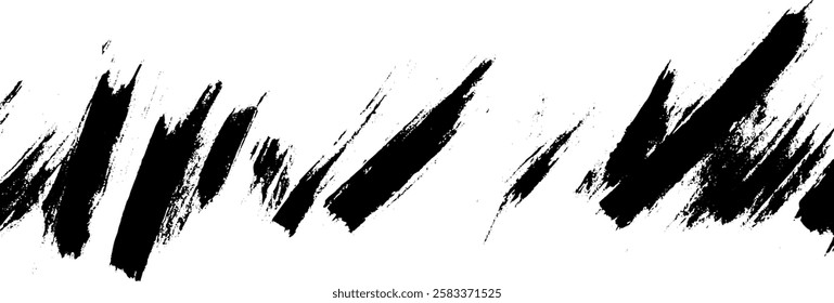 A series of bold, black brush strokes on a white background, creating an abstract pattern. The strokes vary in length and direction, adding dynamic movement to the composition.