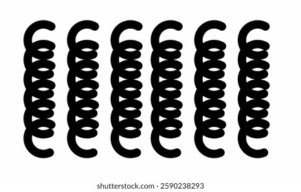 a series of bold, black, spiral-like shapes arranged vertically. The design resembles springs, coils, or stylized curly brackets, creating a repetitive and symmetrical pattern.