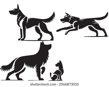 A series of bold, black-and-white dog silhouettes showcasing movement, loyalty, and connection.