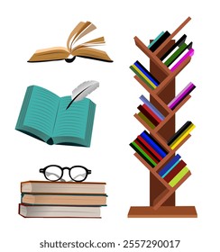 A series of book-themed illustrations featuring various arrangements of books, quills, glasses on top of books, suitable for educational, literary and creative projects. Isolated on white background