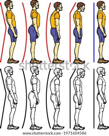 Series of boy in side-way profile showing various standing posture. Hand drawn vector illustration.