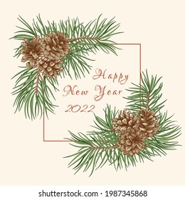 Series with branches pine, cones. Christmas frame with coniferous plants. Botanical vector illustration. Traditional colors.