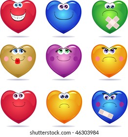 Series of bright colored hearts with different expressions, vector-style cartoon