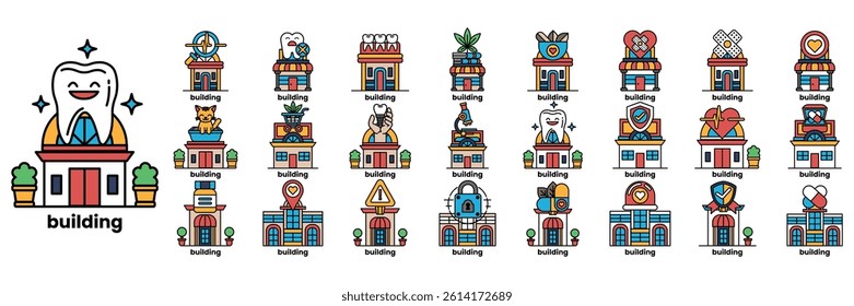 A series of buildings with a smiling tooth in the middle. Each building has a different name and a different color