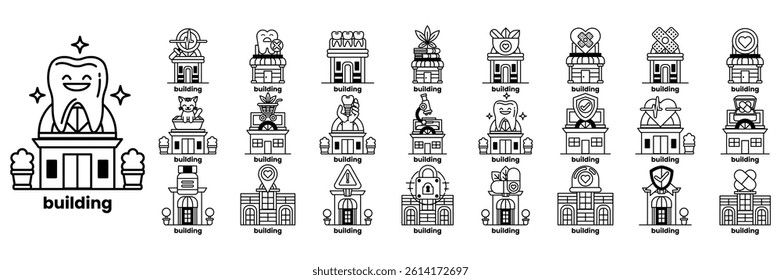 A series of buildings with a smiling tooth in the middle. Each building has a different name and a different color