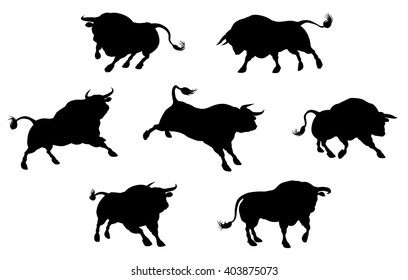 A series of bull male cow cattle animal silhouettes