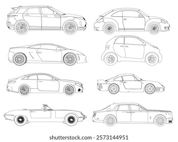 Series of car drawings, each one a different style. The first car is a classic, the second is a sports car, the third is a convertible, the fourth is a hatchback, the fifth is a sedan. Side view.