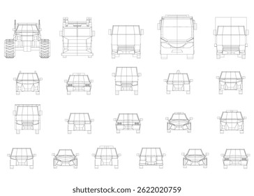 A series of car drawings are shown in various stages of development. The drawings are all in black and white and show from front view. Scene is one of creativity