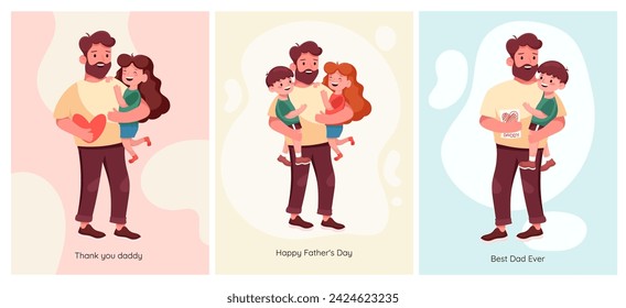 Una serie de cartas para el Día del Padre. Lindos afiches, pegatinas. Papá e hija, papá e hijo, hijo e hija. Ilustración de vector