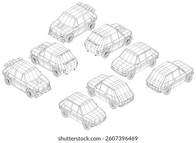 A series of cars are drawn in black and white. The cars are all different shapes and sizes, and they are arranged in a grid pattern. Concept of order and structure. Isometric view