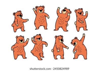 A series of cartoon bears are dancing and playing. The bears are all different sizes and are in various poses. Scene is lighthearted and fun, as the bears are depicted as being playful and energetic