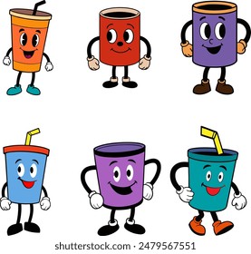 A series of cartoon characters in cups, each with a different color. The characters are smiling and appear to be happy