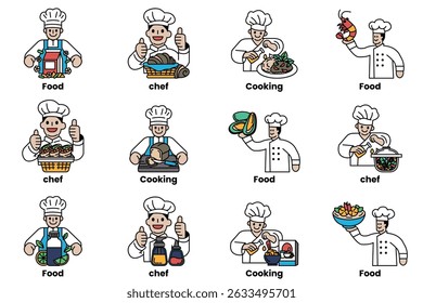 A series of cartoon chefs are holding food and giving thumbs up. The chefs are wearing white aprons and are smiling. The images are of various types of food, including a bowl of soup, a plate of food