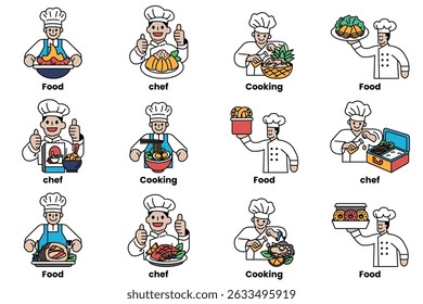 A series of cartoon chefs are shown in various stages of preparing food. The images are labeled with words such as "Food," "Chef," "Cooking,"